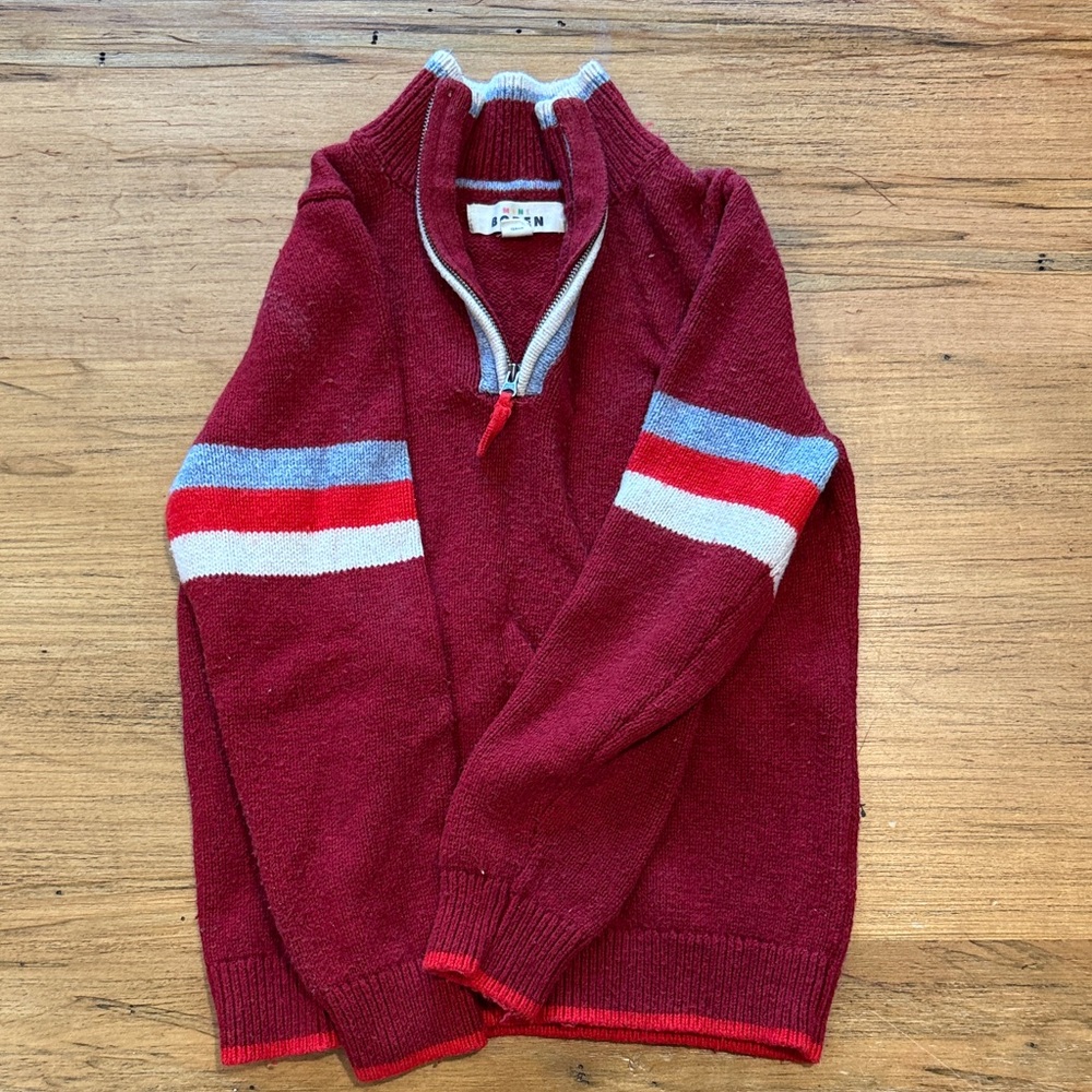 Mini Boden Boys’ Burgundy Sweater with Striped Sleeves